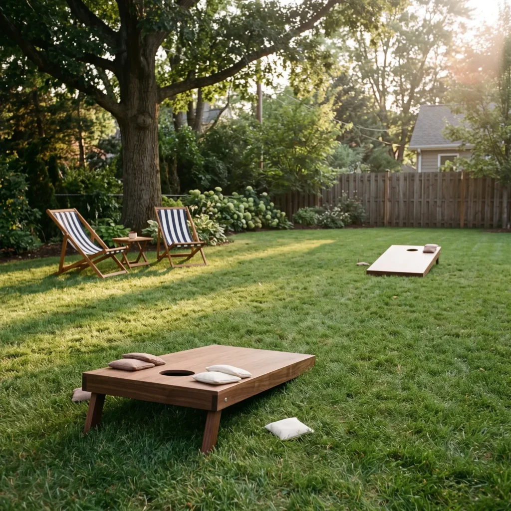 Dark walnut stained cornhole boards and striped canvas folding deck chairs on a green lawn.