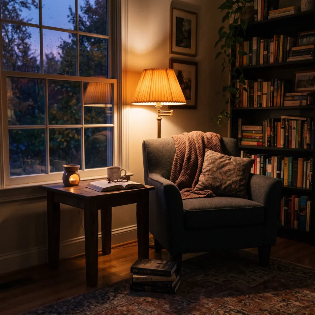  Moody fall reading nook illuminated with a warm 2400K pleated table lamp and an amber candle warmer lamp.