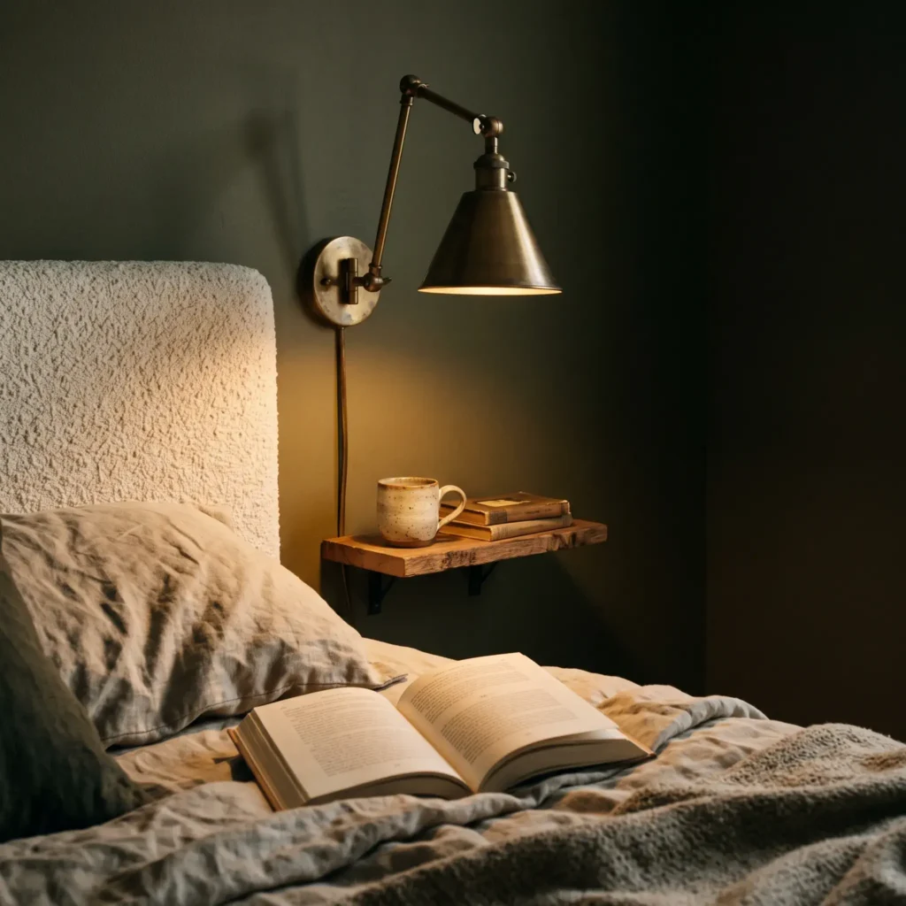 Matte brass swing-arm wall sconces casting warm light beside an upholstered fabric headboard.