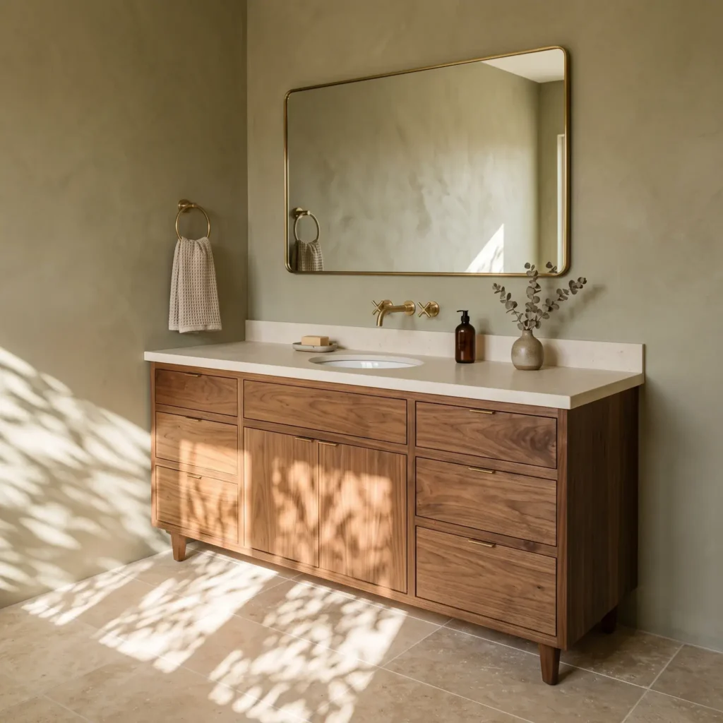 Warm organic American bathroom with beige travertine-look porcelain floor tiles, muted olive green limewash walls, a walnut vanity, and unlacquered brass fixtures.