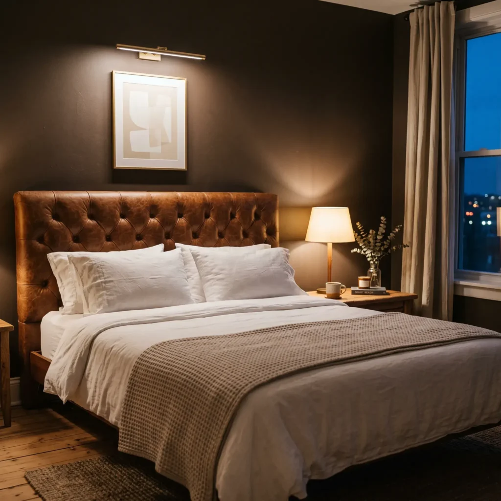Warm chocolate brown bedroom featuring a caramel cognac leather headboard, brass picture lights, and crisp white artwork frames.