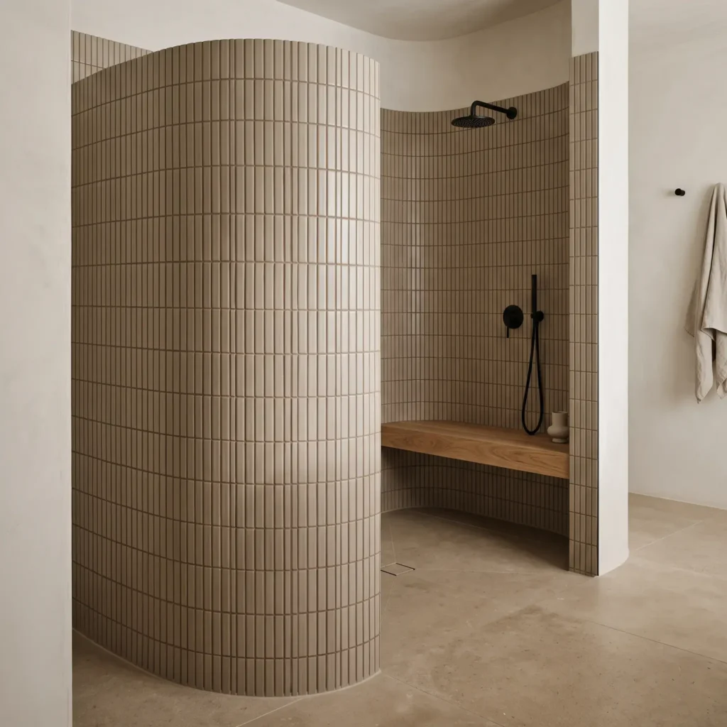 Warm greige stacked kit kat finger mosaic tiles wrapping around a curved walk-in shower wall