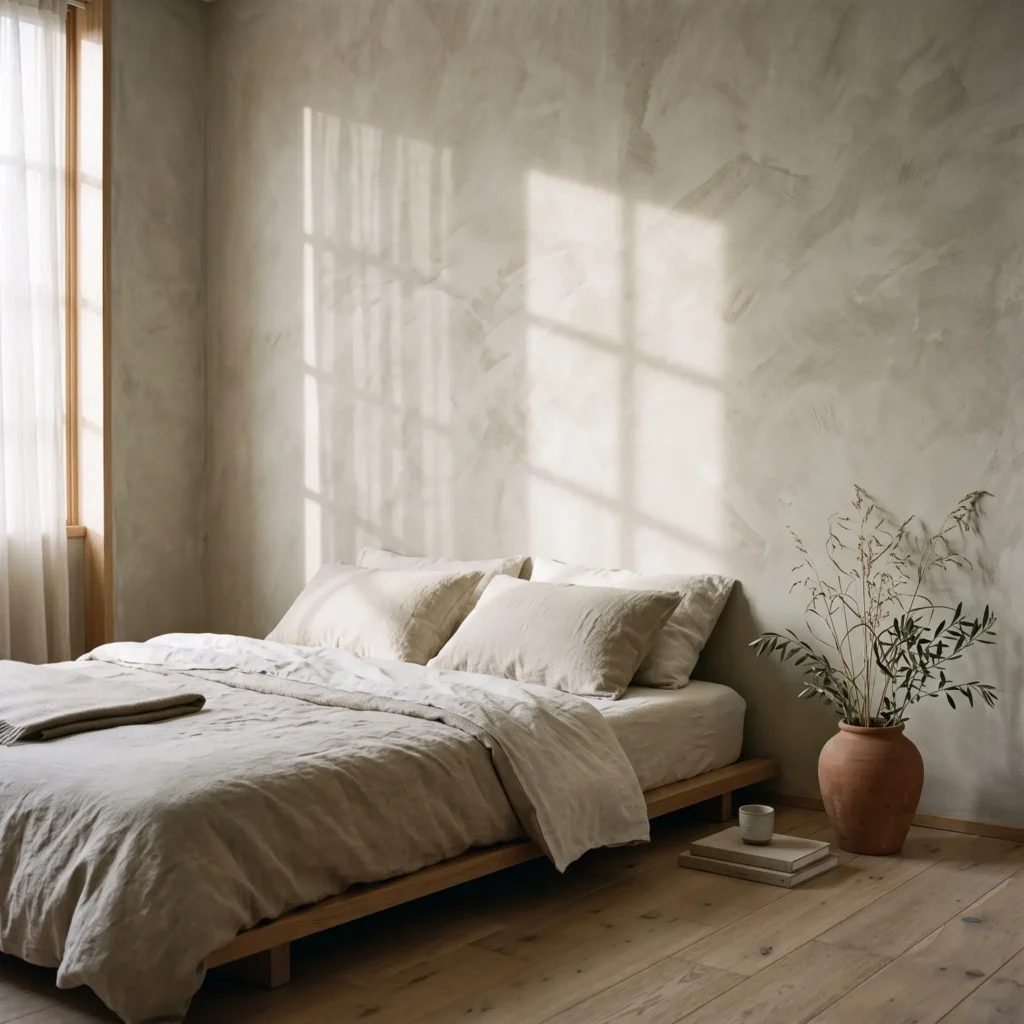 Textured greige limewash wall catching soft natural light behind simple linen bedroom furnishings.