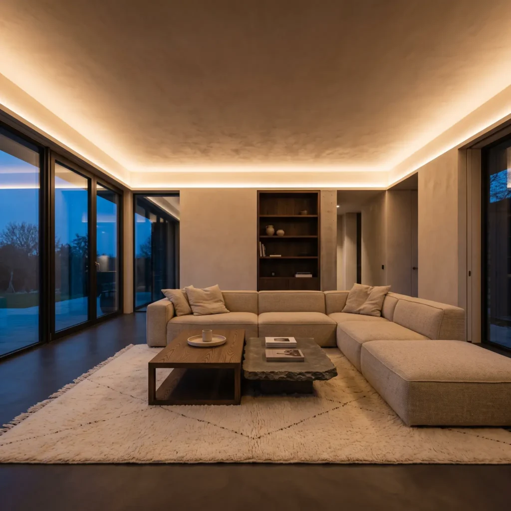 Expansive living room using indirect 2700K LED ceiling cove lighting instead of harsh recessed ceiling lights.