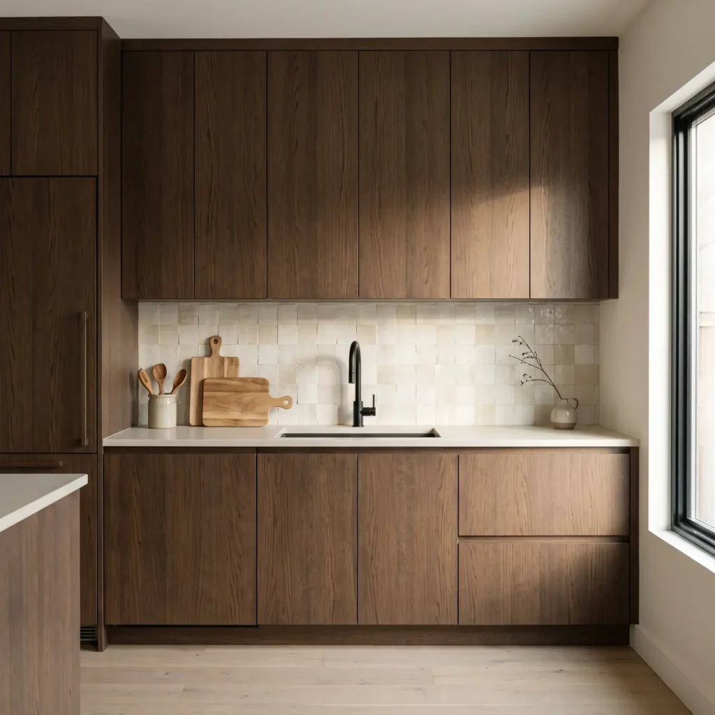 Warm minimalist Japandi kitchen featuring IKEA SINARP oak veneer flat panel cabinets, white quartz countertops, and matte zellige tile backsplash.