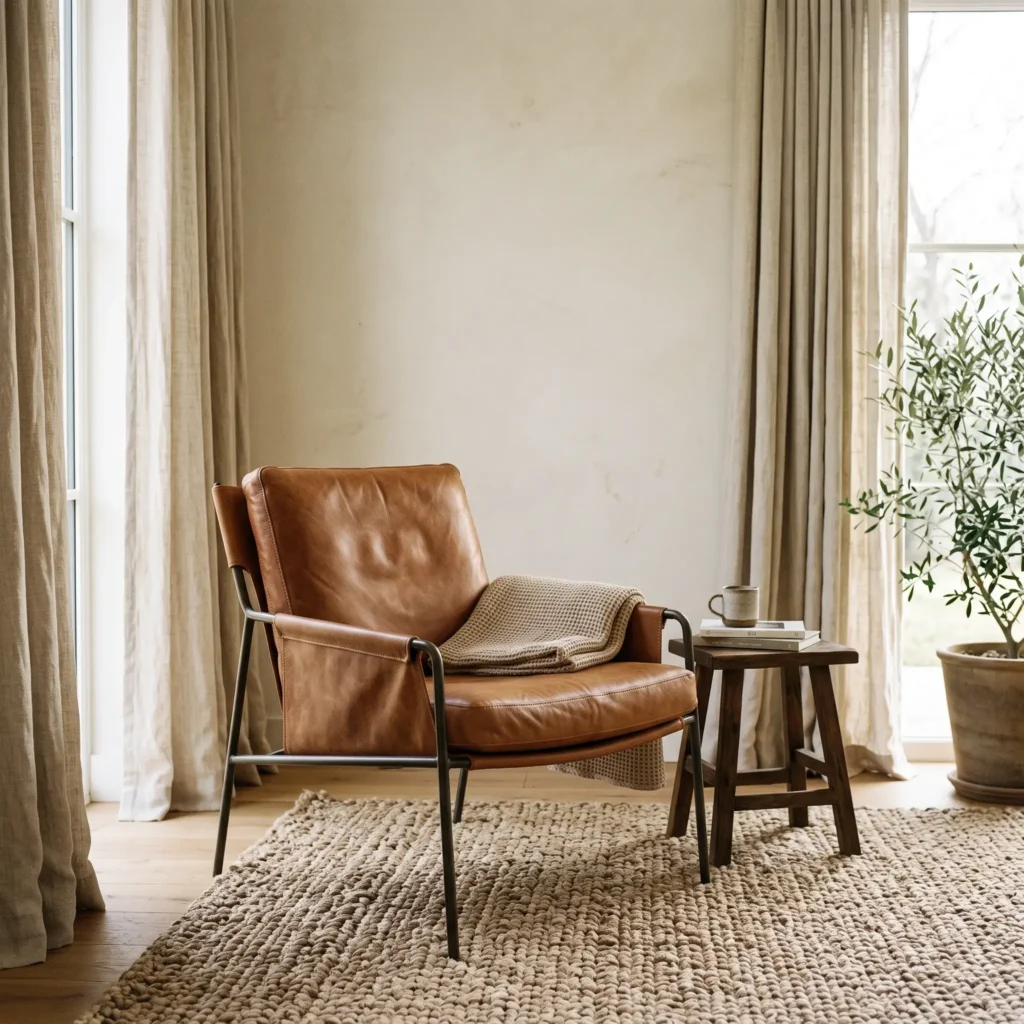 Warm minimalist living room corner with a caramel leather sling chair and a thick woven jute rug.