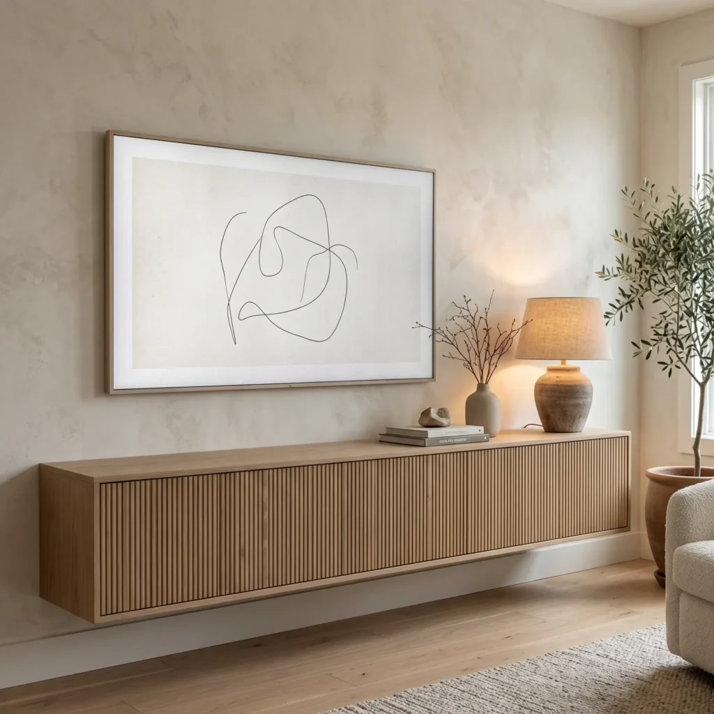 Warm minimalist living room with a bone lime wash feature wall and a floating fluted white oak media console.