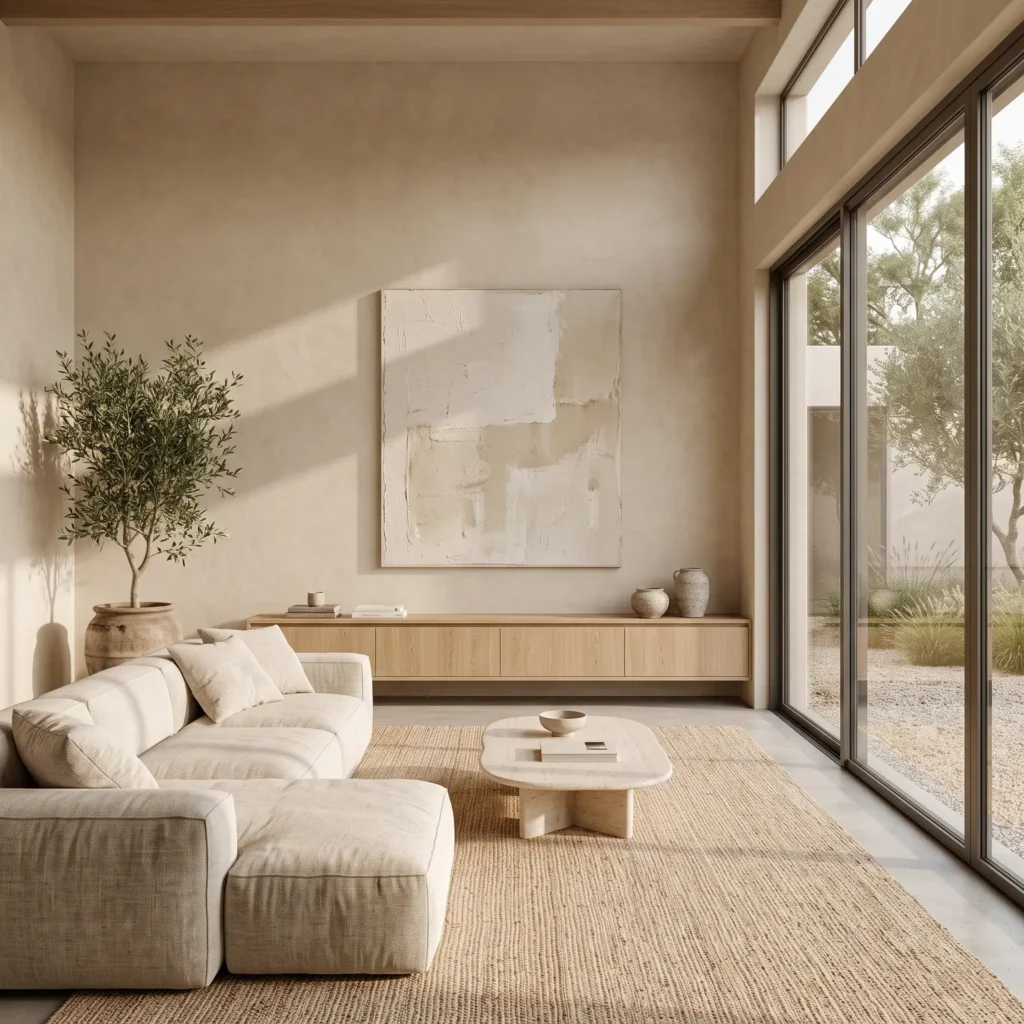 Warm minimalist living room with sand-toned plaster walls, a low white oak console, and an oatmeal linen sofa.