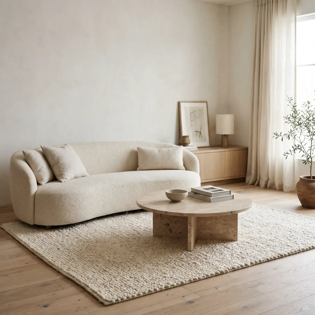 Warm minimalist living room with curved cream bouclé sofa, round travertine coffee table, and low oak console