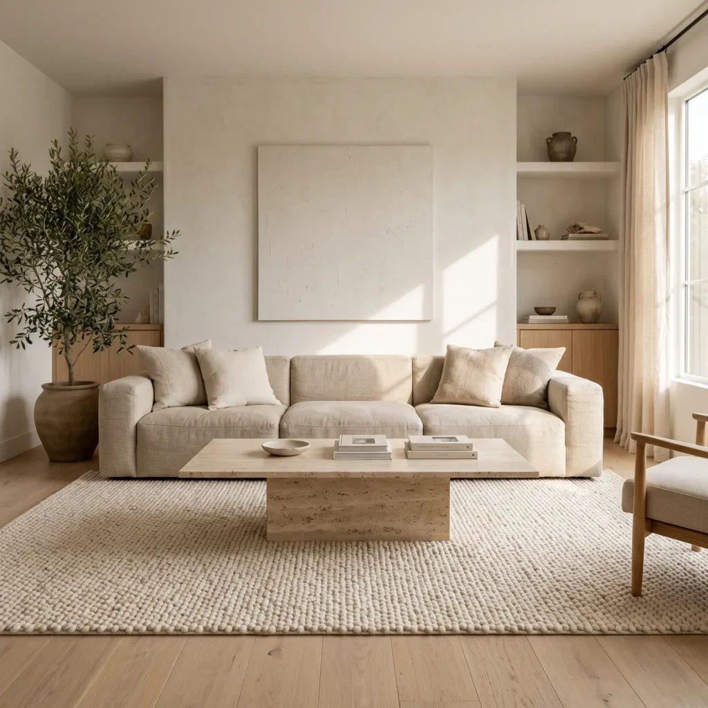 Warm minimalist living room featuring an oatmeal linen sectional and a low honed travertine coffee table on a wool rug.