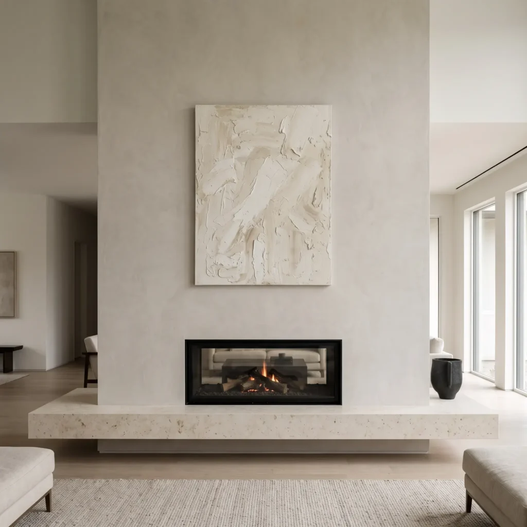 Minimalist plaster fireplace wall with a low floating honed limestone hearth bench.