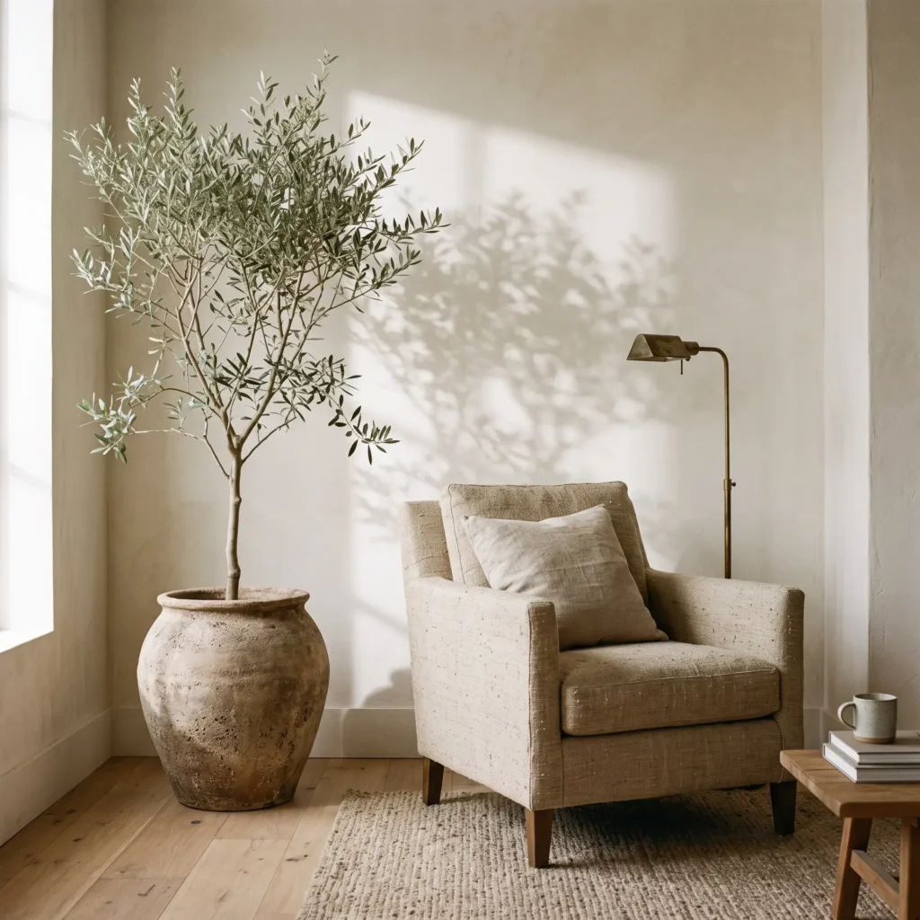 Warm minimalist reading nook featuring a potted olive tree in an unglazed terracotta pot next to an armchair.