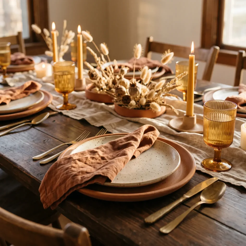 Thanksgiving table decor featuring warm terracotta chargers, amber glassware, speckled plates, and natural beeswax candles.