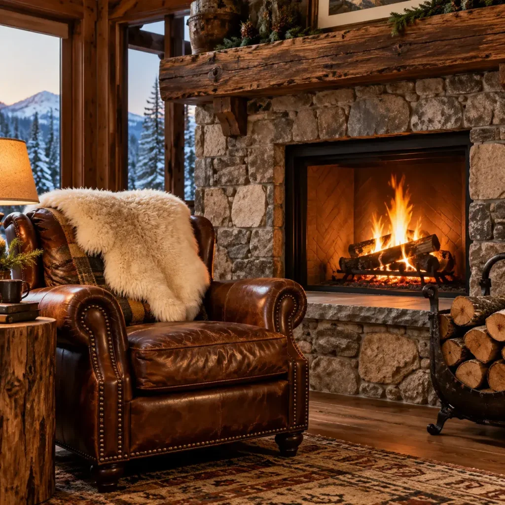 Rustic stone fireplace with a crackling fire next to a saddle leather club chair draped in natural shearling.