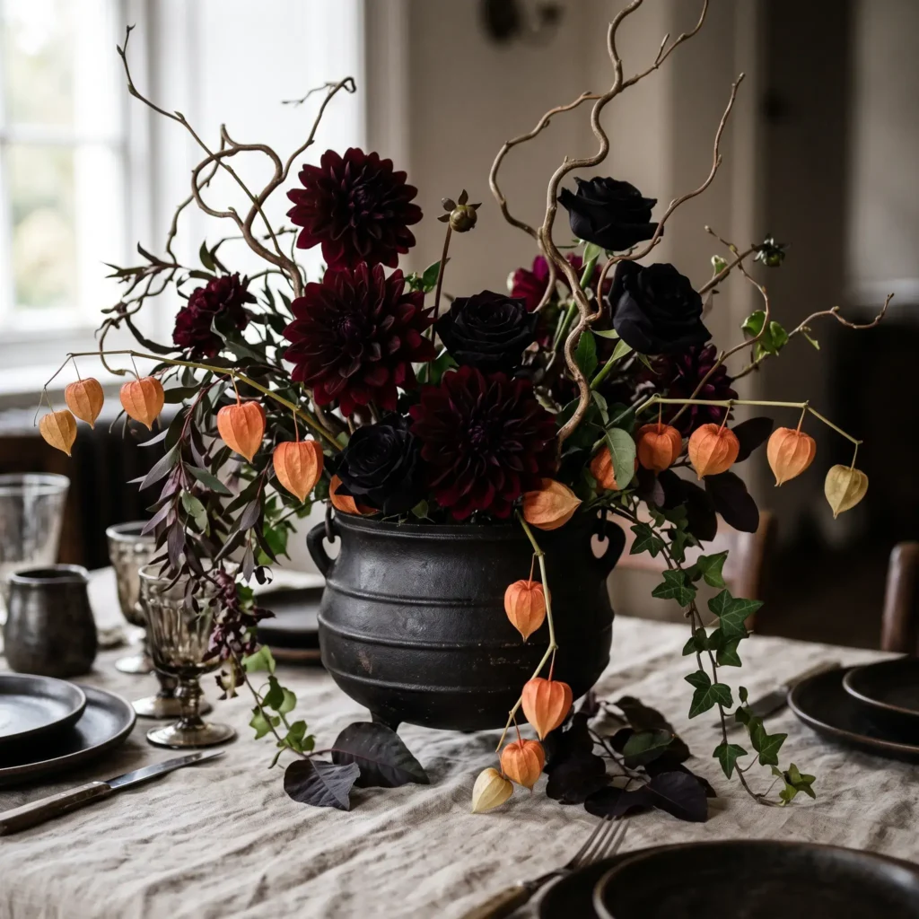 Matte black cauldron centerpiece filled with dark burgundy flowers, curly willow, and orange Chinese lantern pods.
