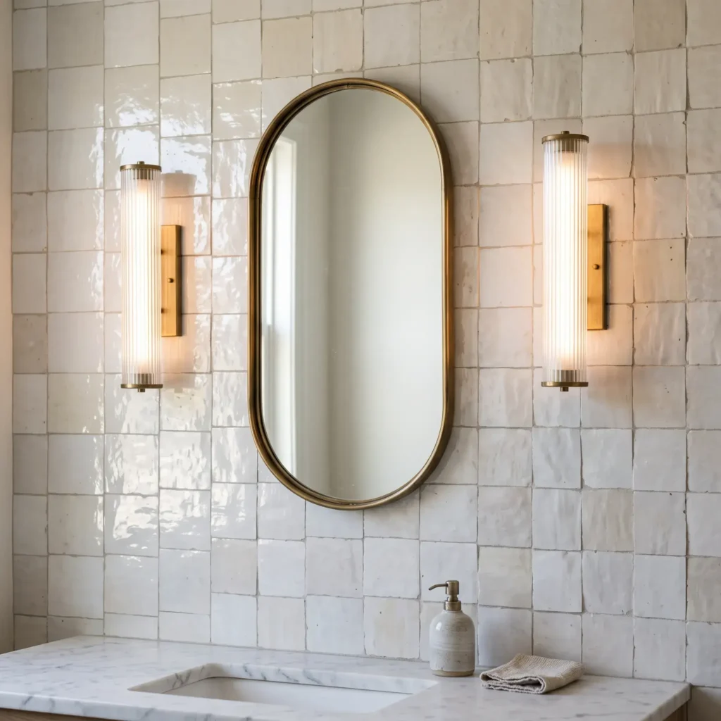  Bathroom vanity wall covered in glossy white 4x4 Moroccan Zellige tiles with vertical brass tube sconces and an arched brass mirror.