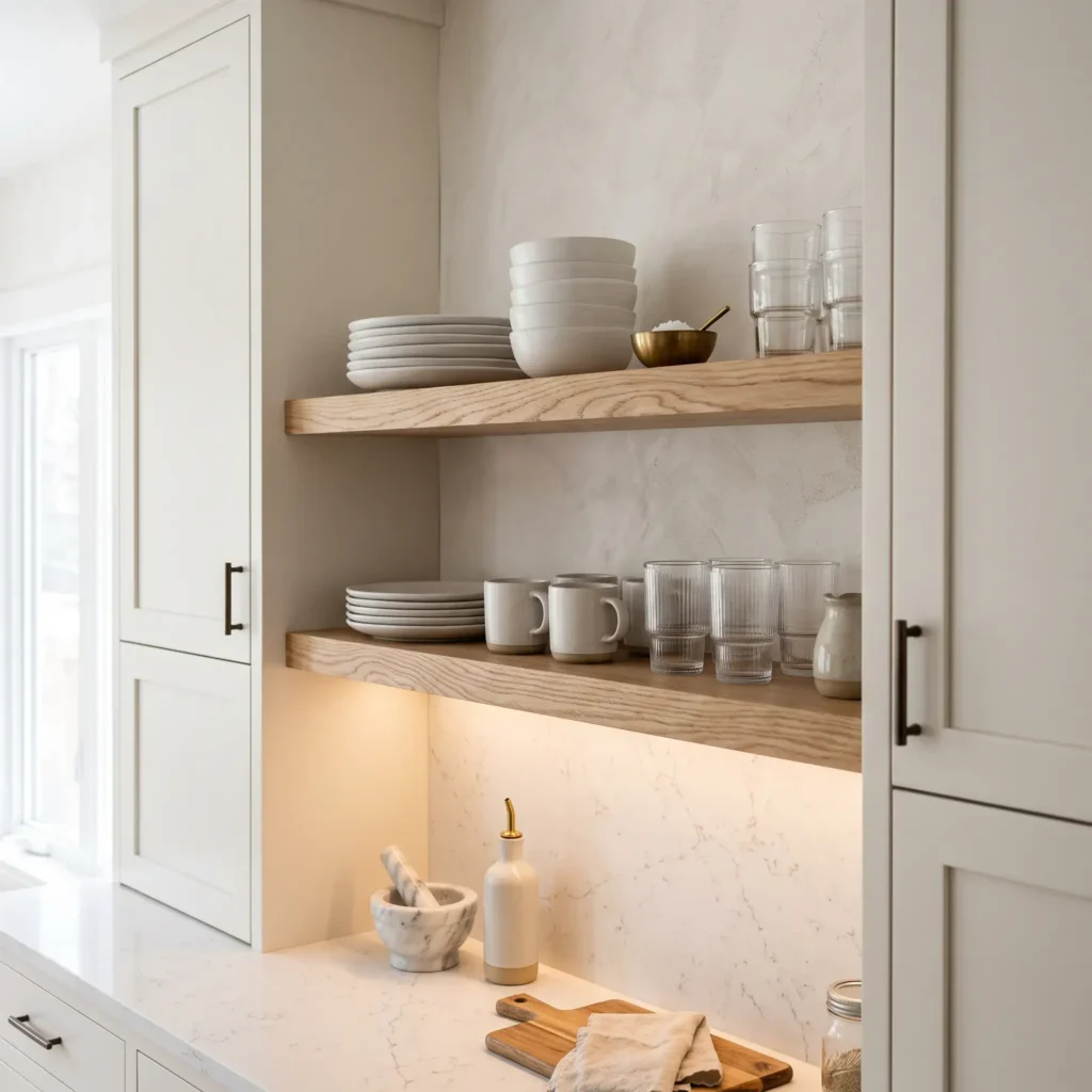 Solid white oak floating shelves holding dishes and glassware on a single-wall kitchen setup.