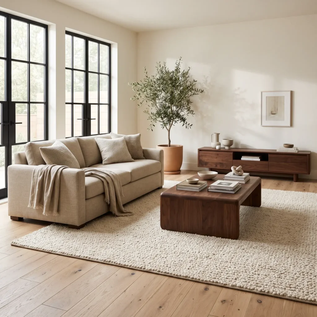 Modern living room with light white oak wood floors, dark walnut coffee table, and an off-white wool rug.
