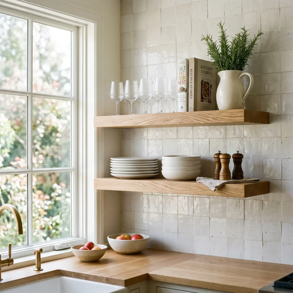 Two stacked white oak floating shelves holding white ceramic plates and glassware above a kitchen counter.