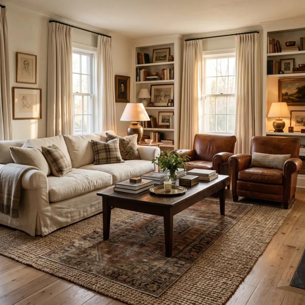 Deep ivory slipcovered sofa paired with cognac leather club chairs around a dark wood coffee table.