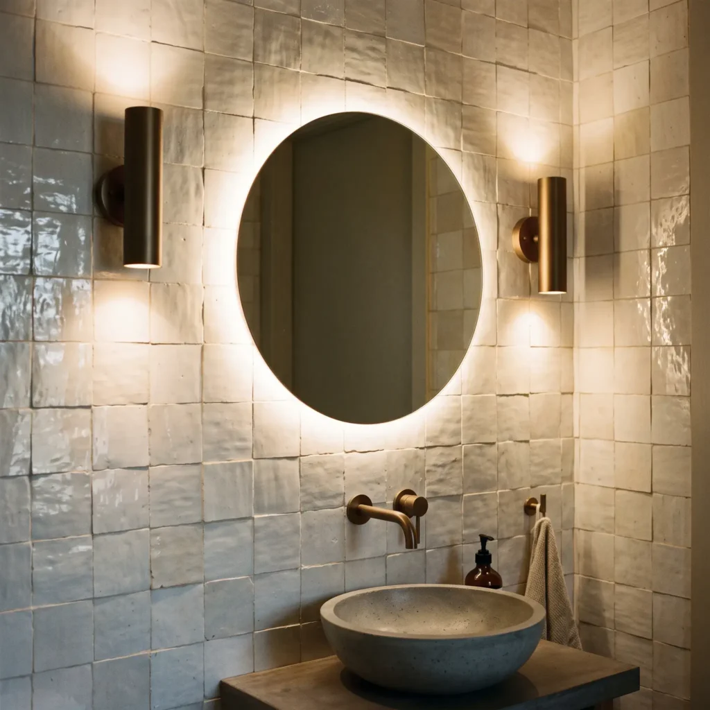 Powder room vanity featuring handcrafted white Zellige wall tiles illuminated by soft sconce side lighting.