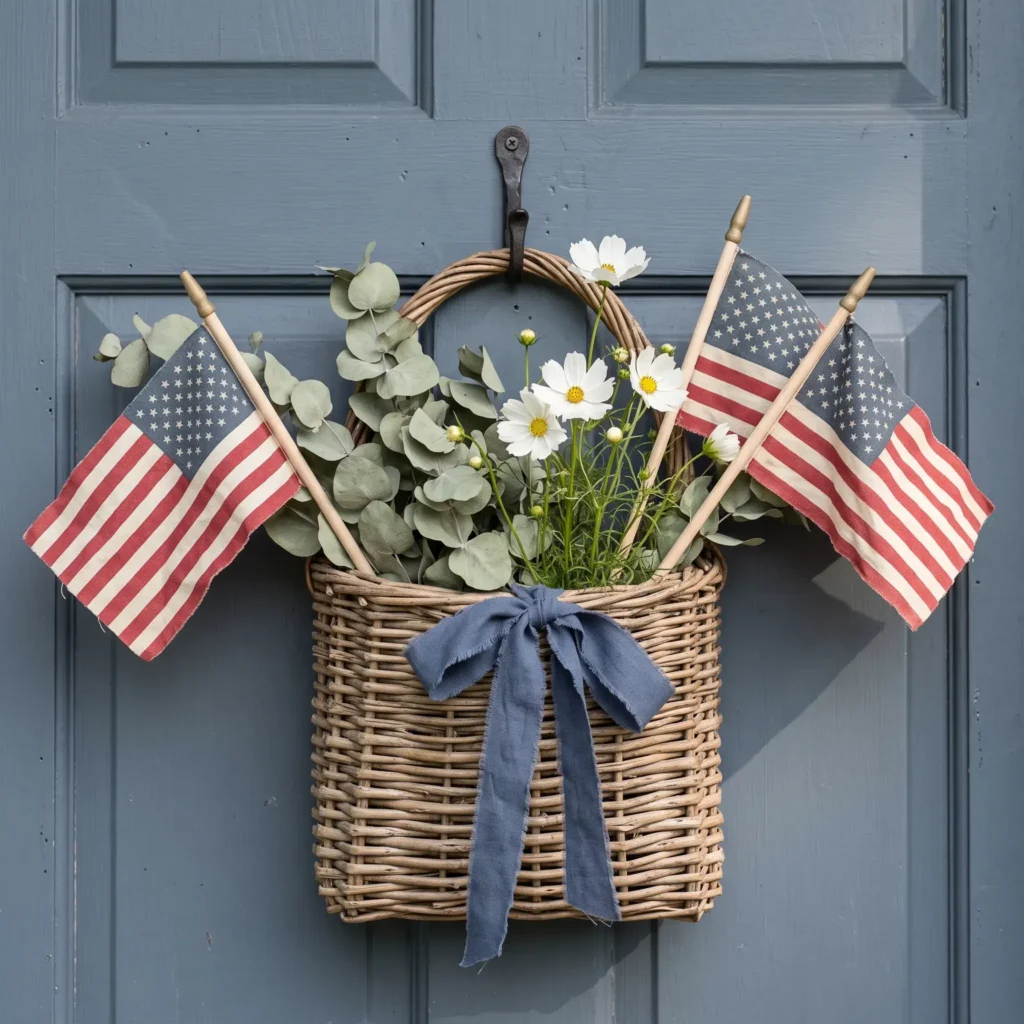 Woven rattan door basket hanging on a slate blue front door, filled with eucalyptus, white cosmos, and miniature cotton American flags.