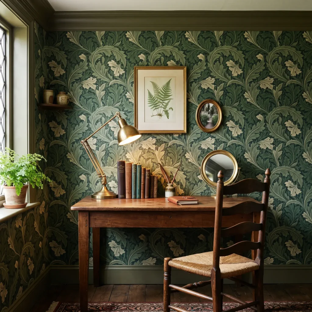 Home office featuring dark green William Morris foliage peel and stick wallpaper behind an antique walnut desk.