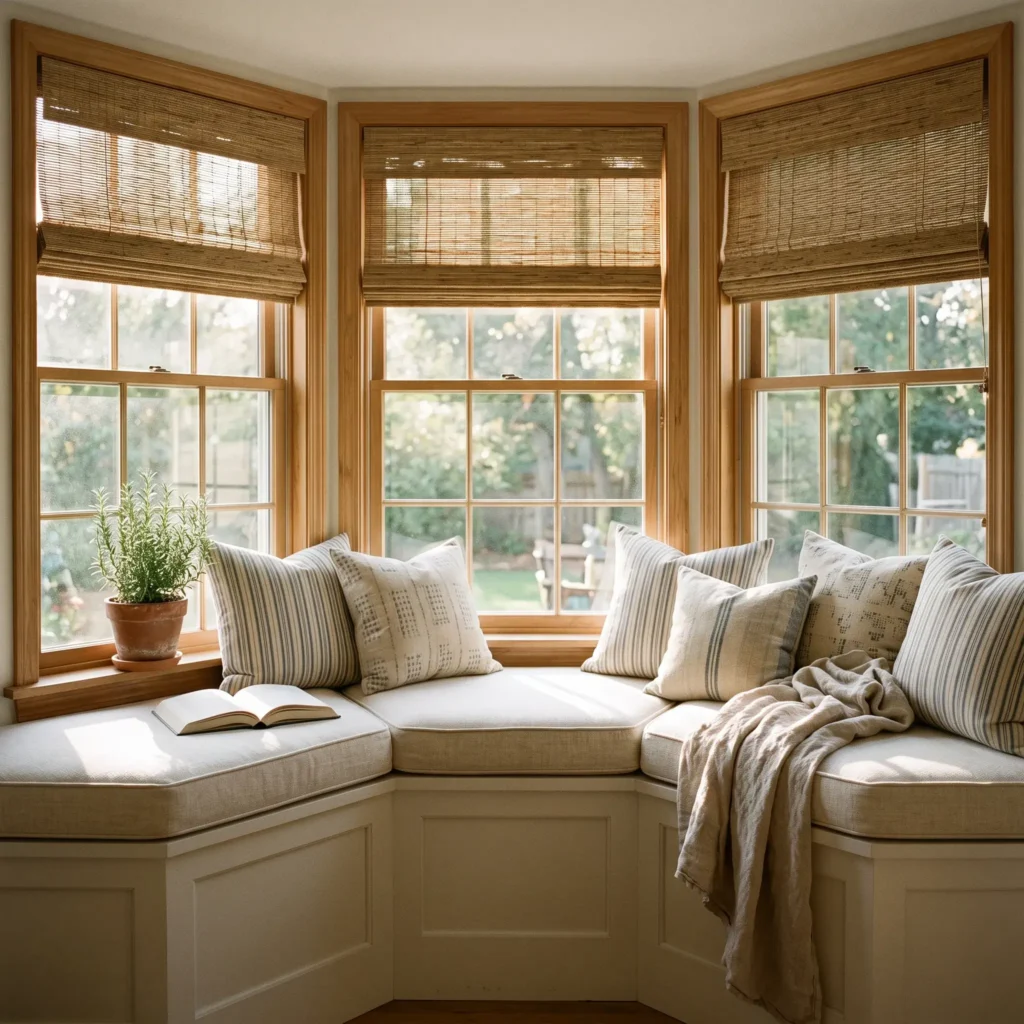 Sunlit bay window bench with neutral linen cushion, striped pillows, and woven bamboo shades.
