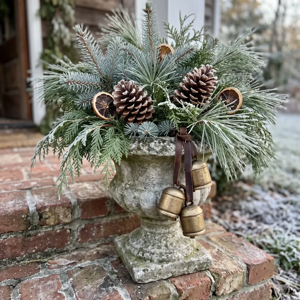 Stone outdoor planter packed with cedar, pine, blue spruce branches, dehydrated oranges, and antique brass sleigh bells.