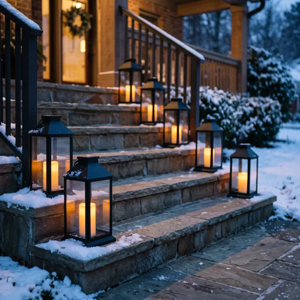 Front porch stone steps lit at dusk with staggered black lanterns and warm glowing flameless candles.
