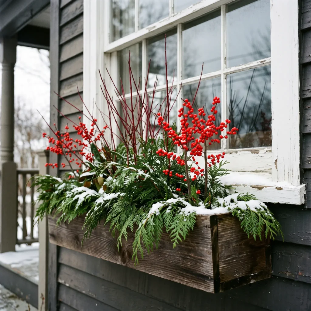 Exterior window box decorated for January with red dogwood stems, winterberry branches, and cascading cedar.