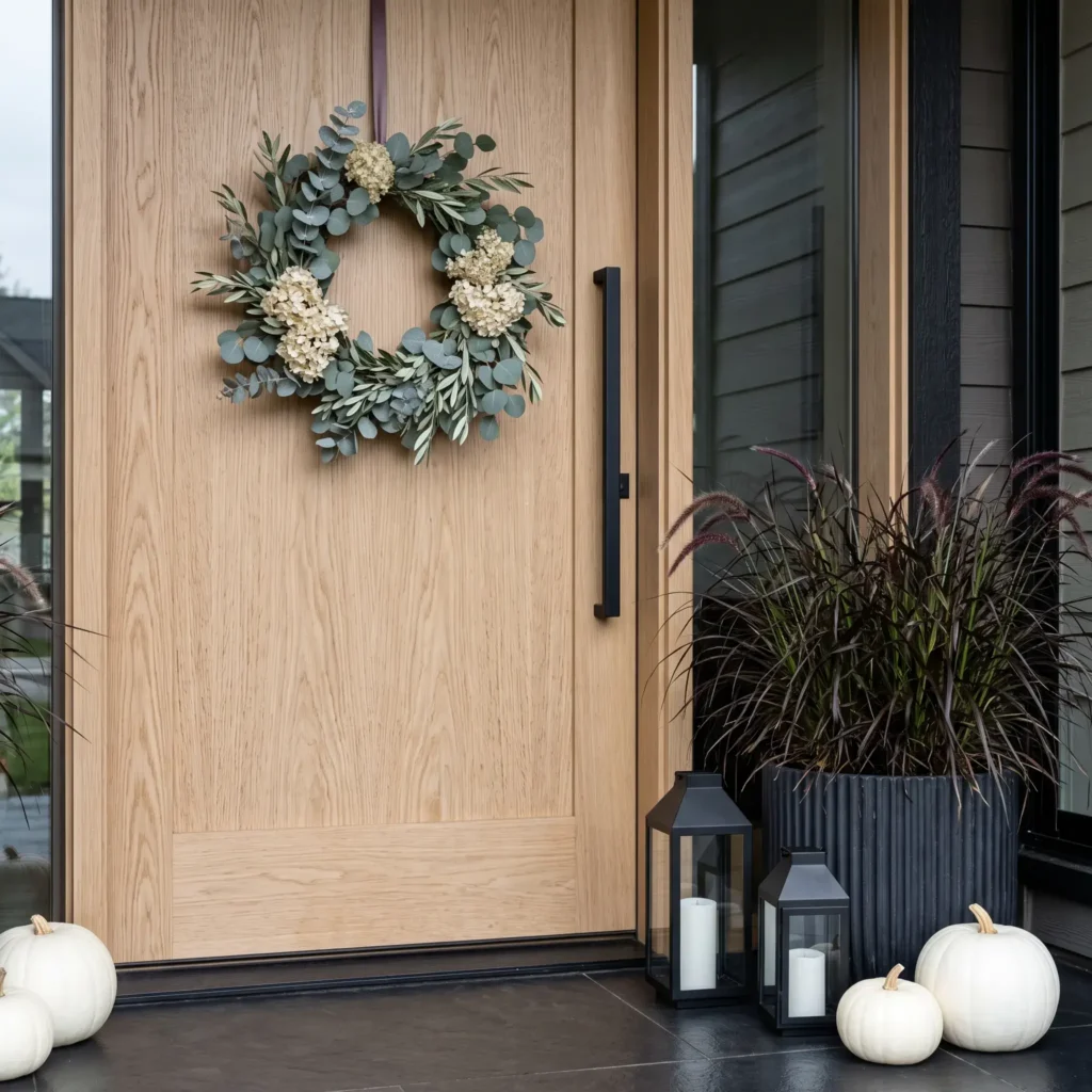 White oak front door accented with a eucalyptus wreath, matte black lanterns, and white pumpkins.