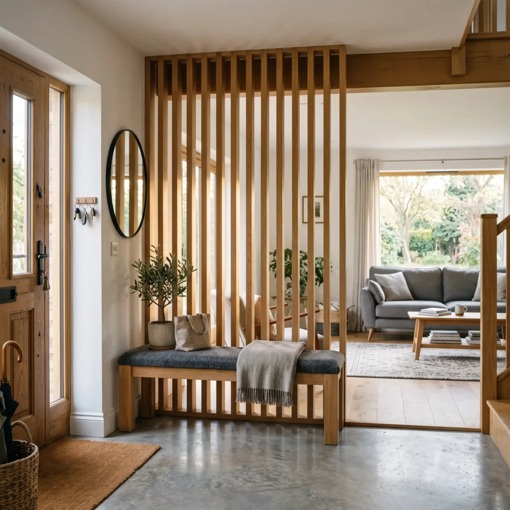 Floor to ceiling vertical white oak wood slat divider separating the front door from the living area.