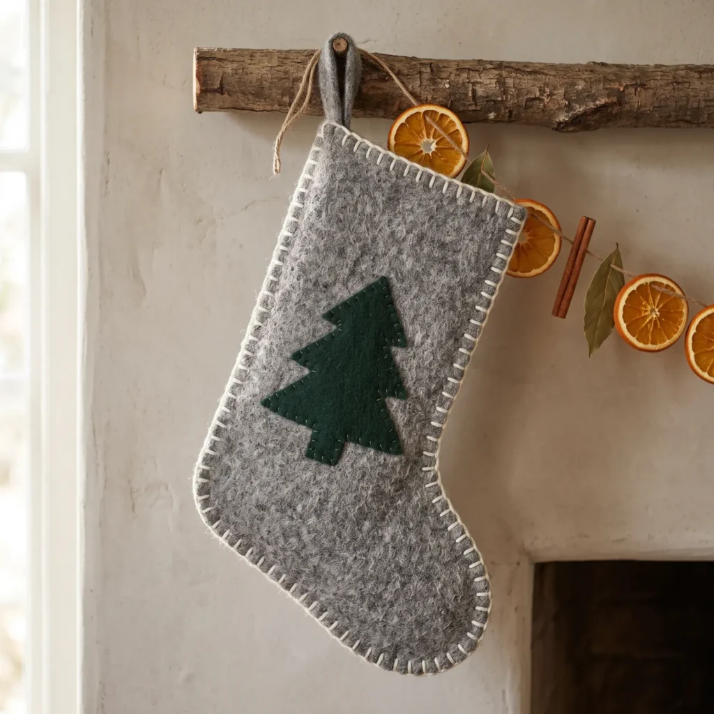 Heather gray wool felt holiday stocking with tree applique and hand-stitched white border.