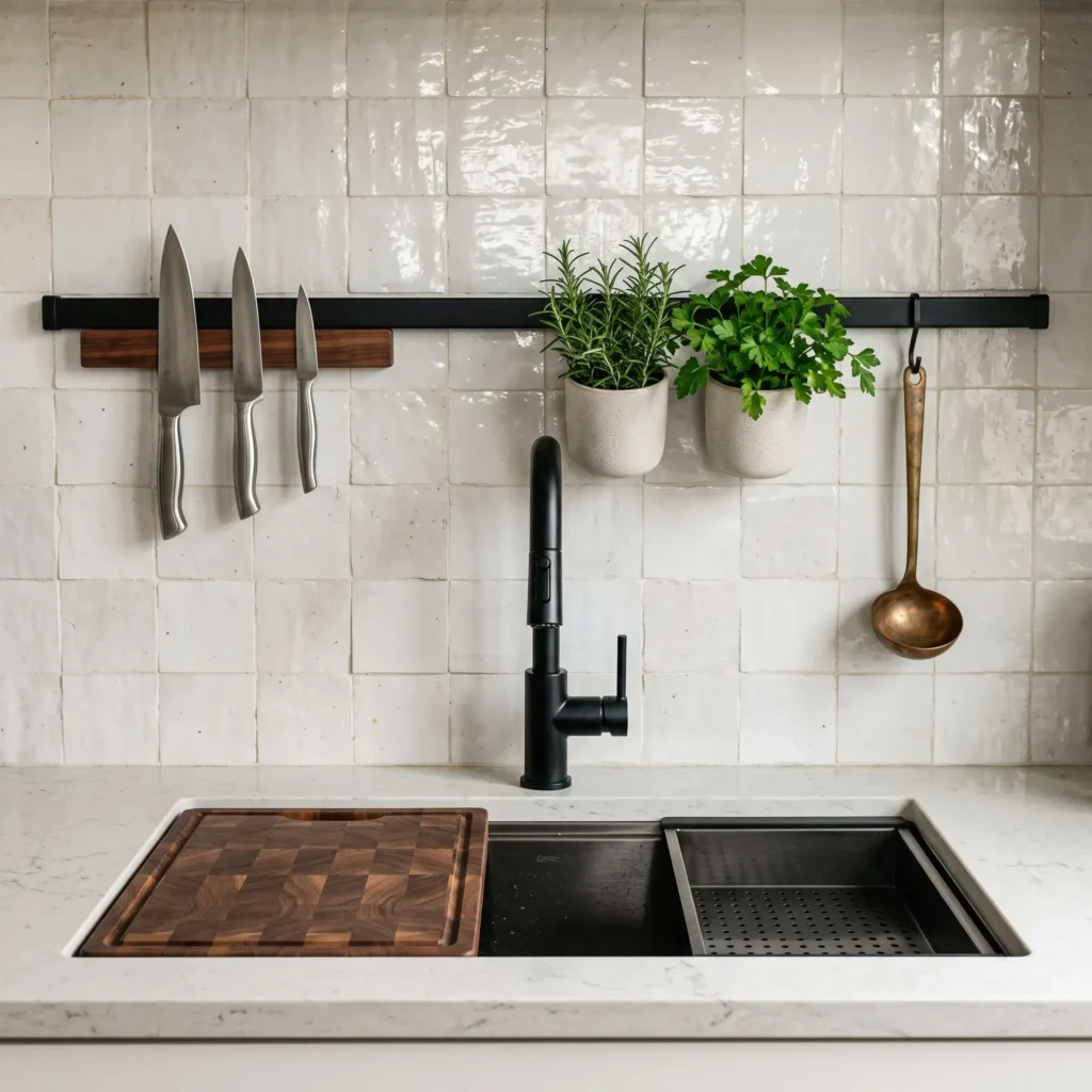 Gunmetal workstation sink with sliding walnut cutting board and a wall-mounted modular accessory rail.