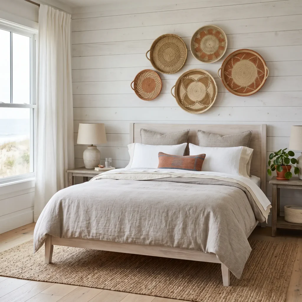 Five shallow woven seagrass and sisal decorative trays arranged on a white wall above an oak bed.