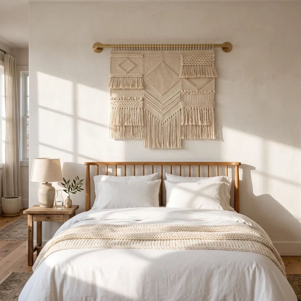 Hand-woven cream wool fiber wall hanging suspended from a brushed brass rod above a spindle wooden headboard.
