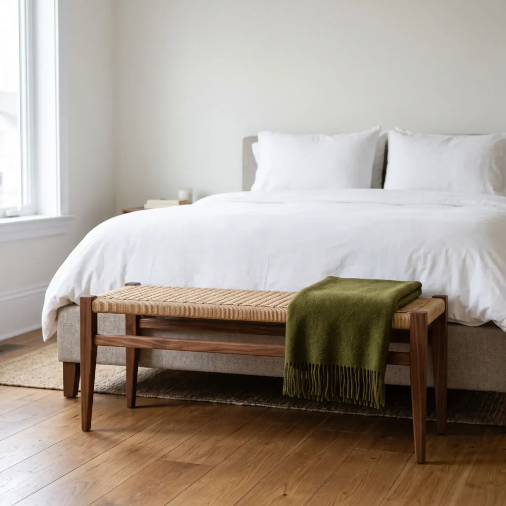 Natural walnut and woven cord bench centered at the foot of a queen bed with a folded wool throw.