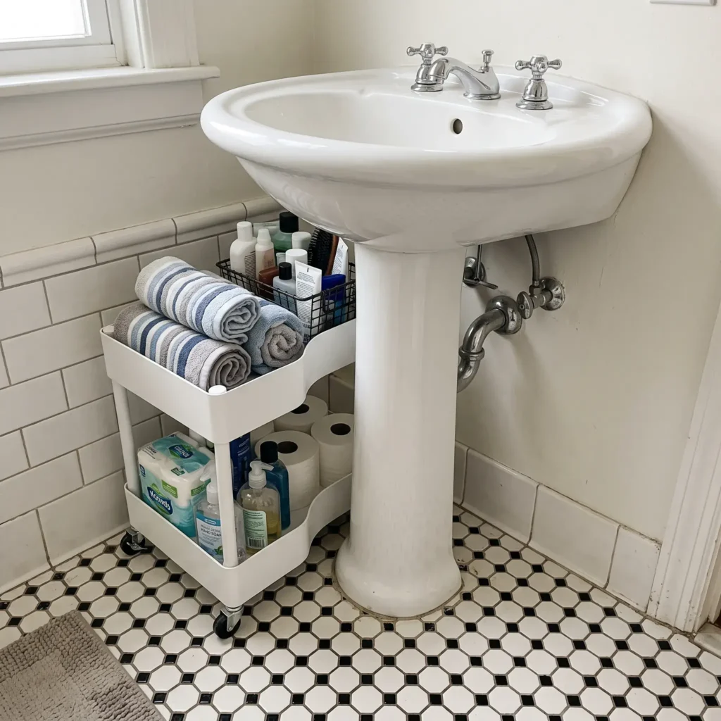 Two-tier rolling storage cart designed to fit around a white pedestal sink base.