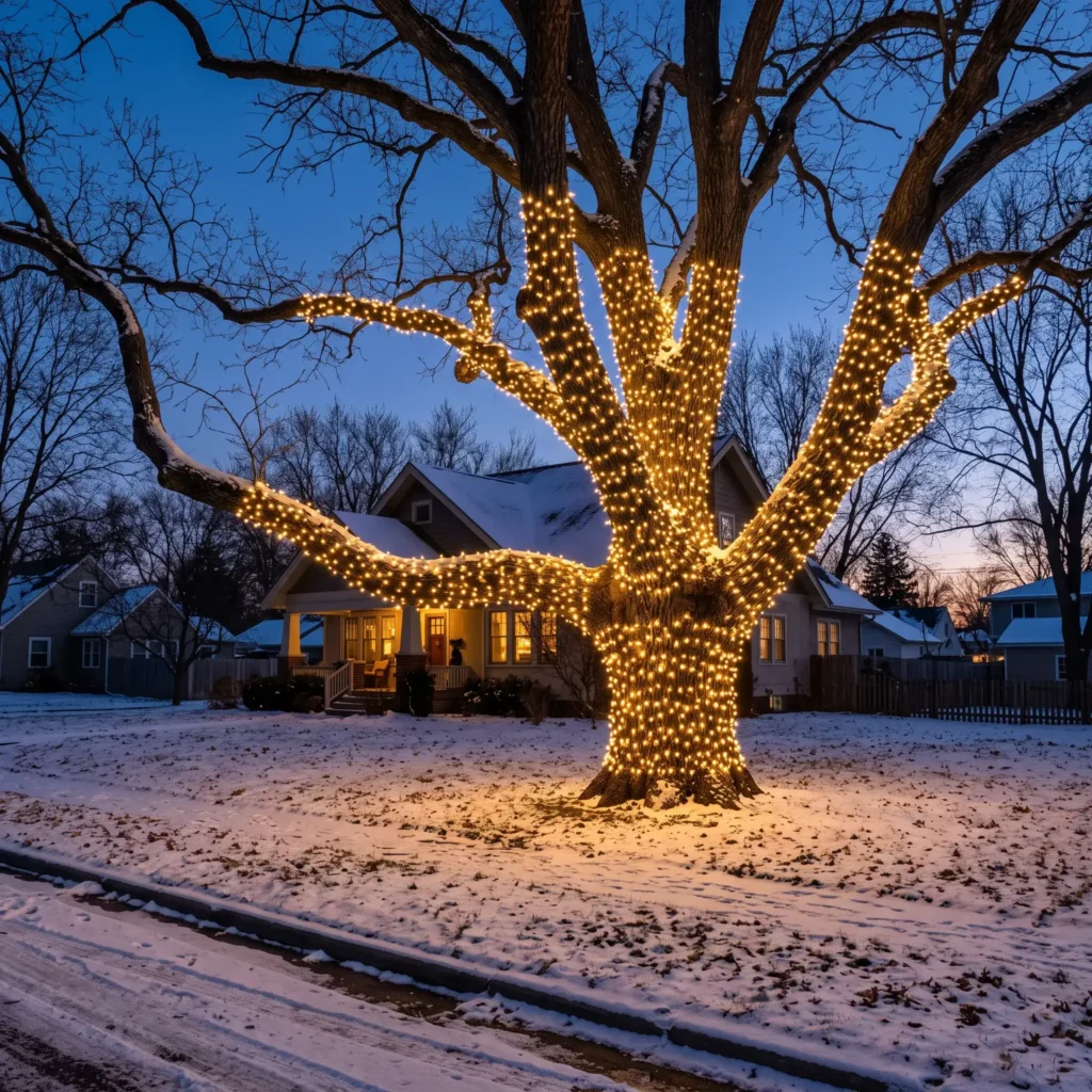 Mature deciduous tree trunk and limbs wrapped tightly in warm white 5mm LED mini lights at twilight.